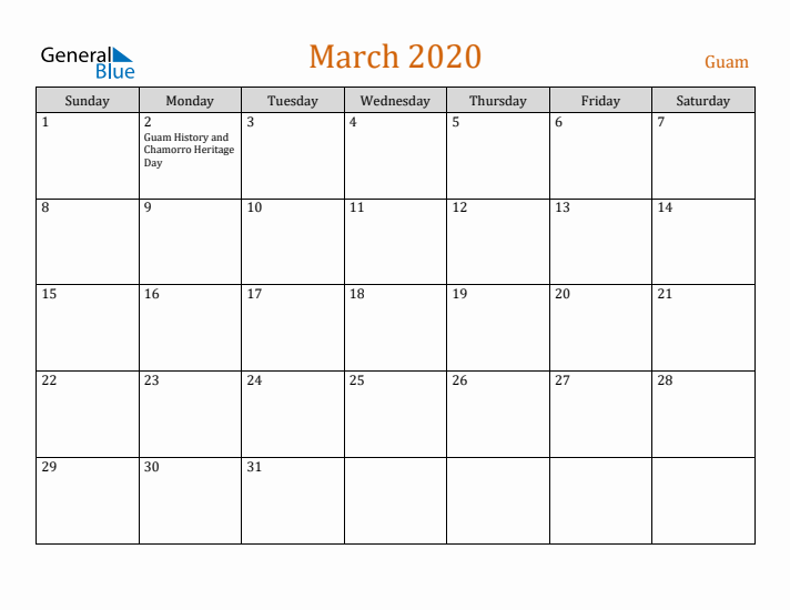 March 2020 Holiday Calendar with Sunday Start