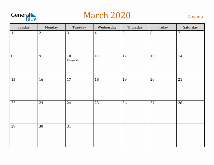 March 2020 Holiday Calendar with Sunday Start