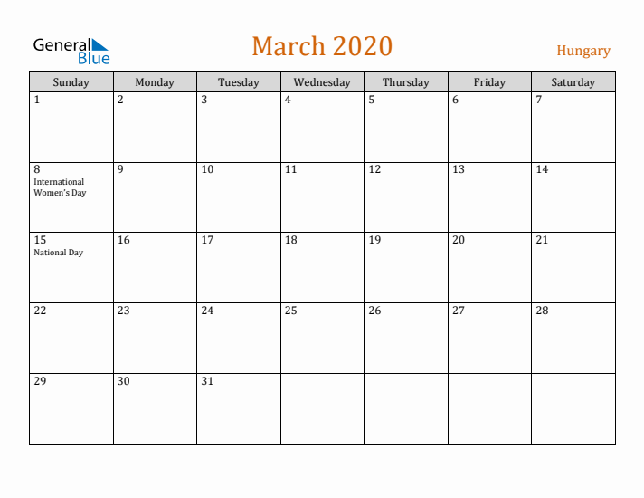 March 2020 Holiday Calendar with Sunday Start