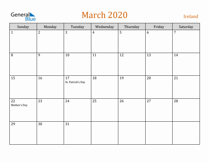 March 2020 Holiday Calendar with Sunday Start