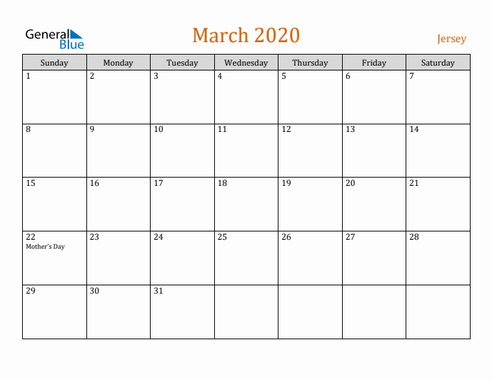 March 2020 Holiday Calendar with Sunday Start