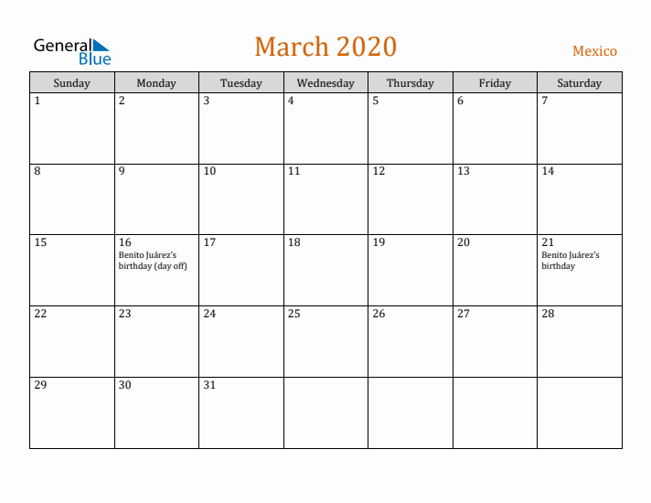 March 2020 Holiday Calendar with Sunday Start