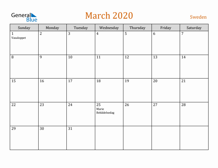 March 2020 Holiday Calendar with Sunday Start