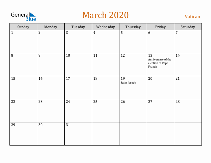 March 2020 Holiday Calendar with Sunday Start