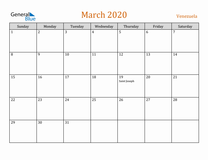 March 2020 Holiday Calendar with Sunday Start