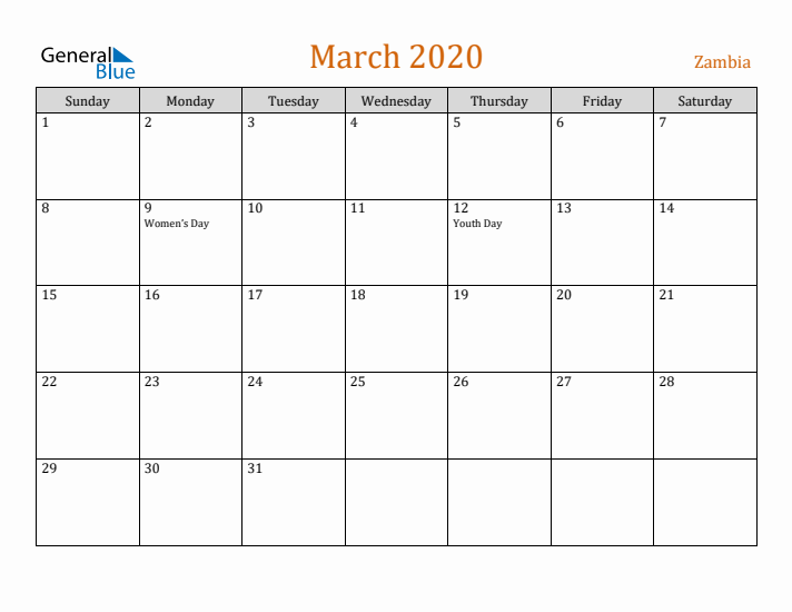 March 2020 Holiday Calendar with Sunday Start