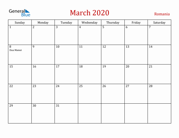 Romania March 2020 Calendar - Sunday Start