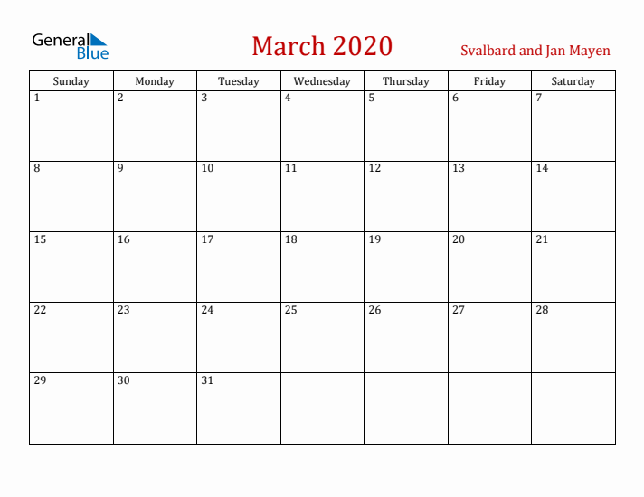 Svalbard and Jan Mayen March 2020 Calendar - Sunday Start