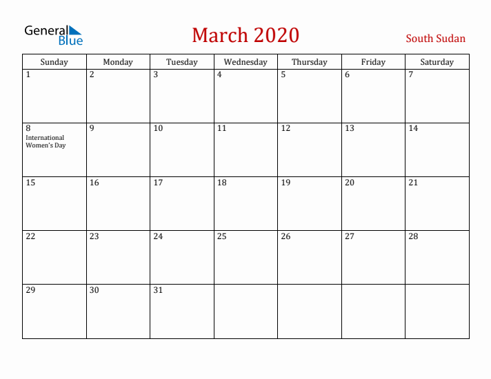 South Sudan March 2020 Calendar - Sunday Start