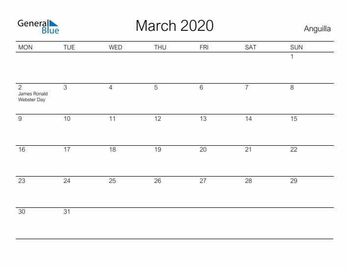 Printable March 2020 Calendar for Anguilla