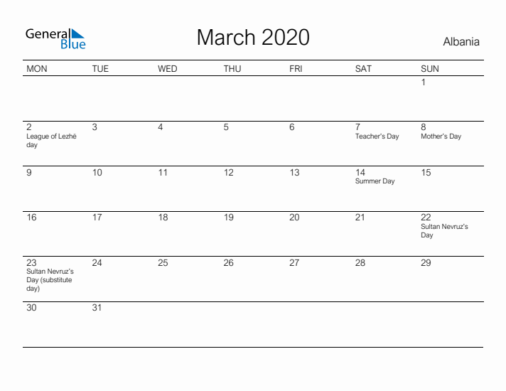 Printable March 2020 Calendar for Albania