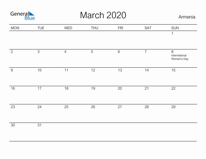 Printable March 2020 Calendar for Armenia