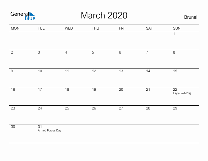 Printable March 2020 Calendar for Brunei