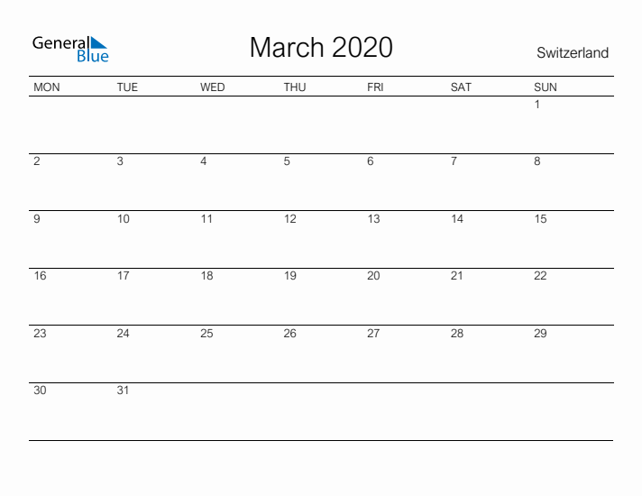 Printable March 2020 Calendar for Switzerland