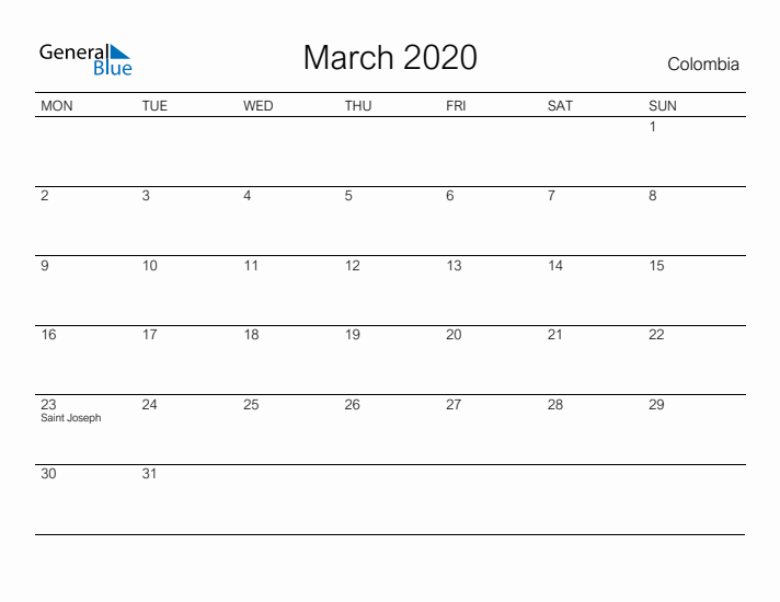 Printable March 2020 Calendar for Colombia