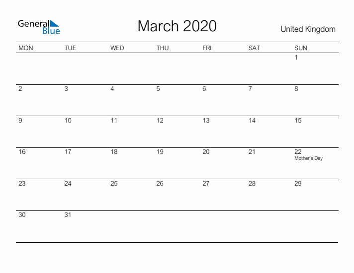 Printable March 2020 Calendar for United Kingdom