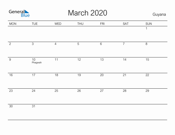 Printable March 2020 Calendar for Guyana