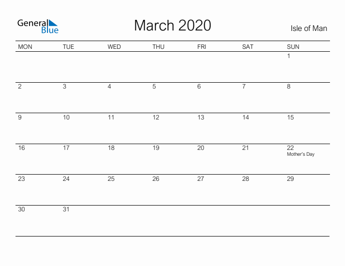 Printable March 2020 Calendar for Isle of Man