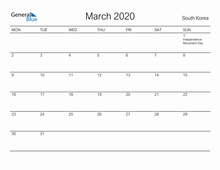 Printable March 2020 Calendar for South Korea