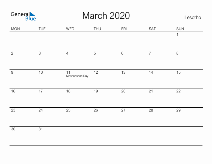 Printable March 2020 Calendar for Lesotho