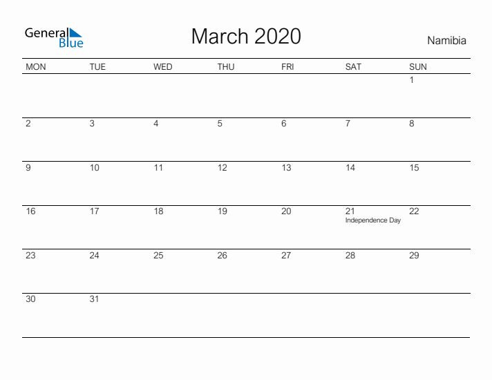 Printable March 2020 Calendar for Namibia