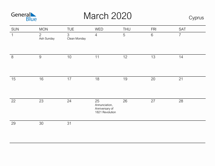 Printable March 2020 Calendar for Cyprus