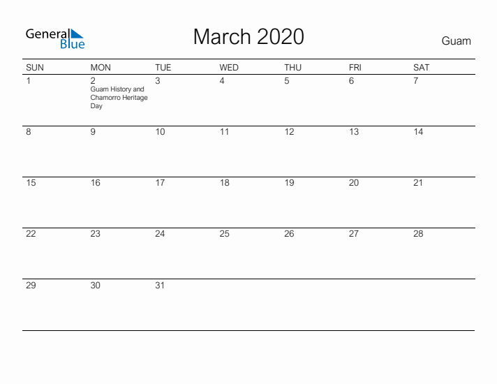 Printable March 2020 Calendar for Guam