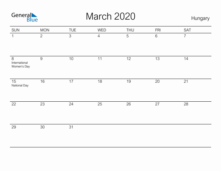 Printable March 2020 Calendar for Hungary