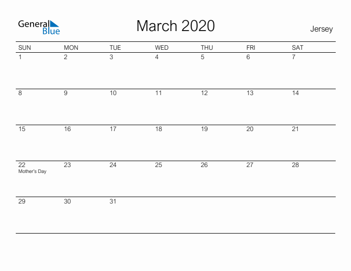 Printable March 2020 Calendar for Jersey