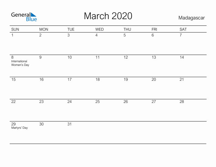 Printable March 2020 Calendar for Madagascar