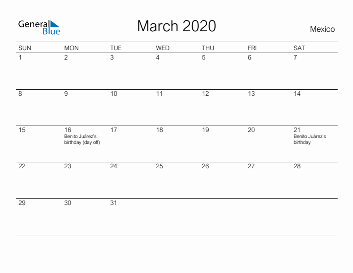 Printable March 2020 Calendar for Mexico