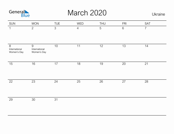 Printable March 2020 Calendar for Ukraine