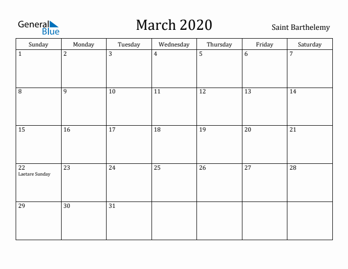 March 2020 Calendar Saint Barthelemy