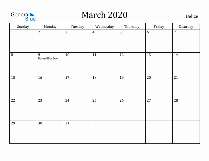 March 2020 Calendar Belize