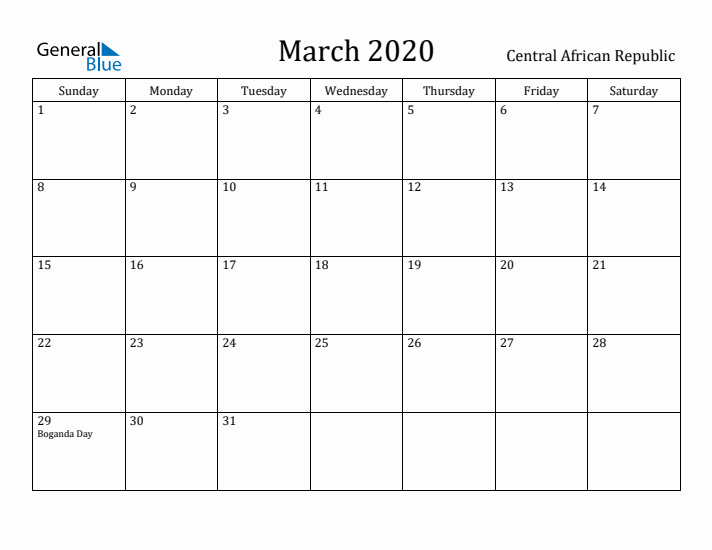 March 2020 Calendar Central African Republic