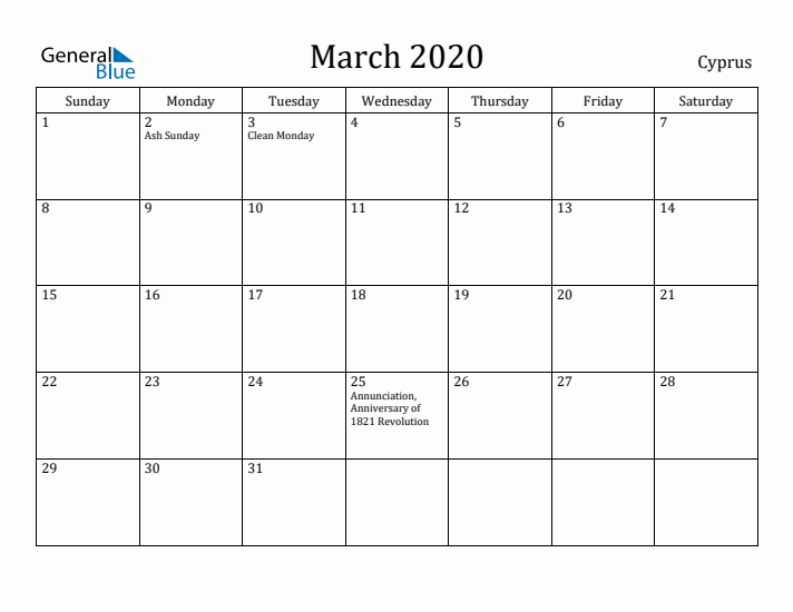 March 2020 Calendar Cyprus