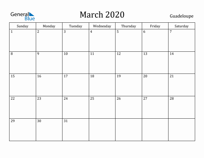 March 2020 Calendar Guadeloupe