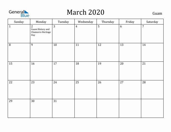 March 2020 Calendar Guam