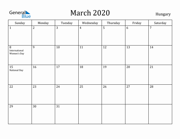 March 2020 Calendar Hungary