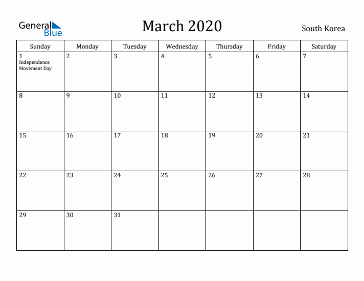 March 2020 Calendar South Korea