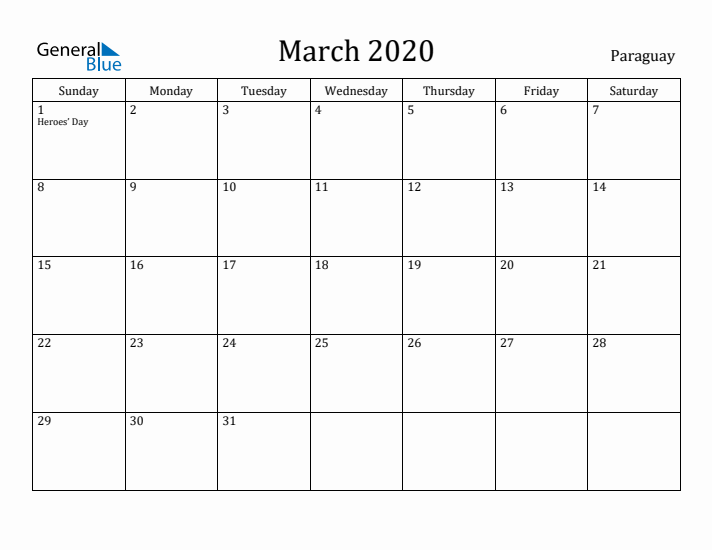 March 2020 Calendar Paraguay