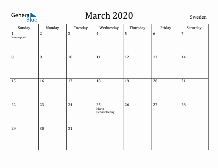 March 2020 Calendar Sweden