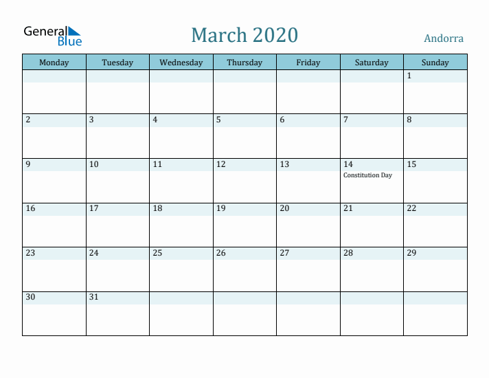 March 2020 Calendar with Holidays