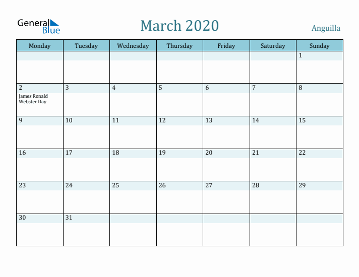 March 2020 Calendar with Holidays