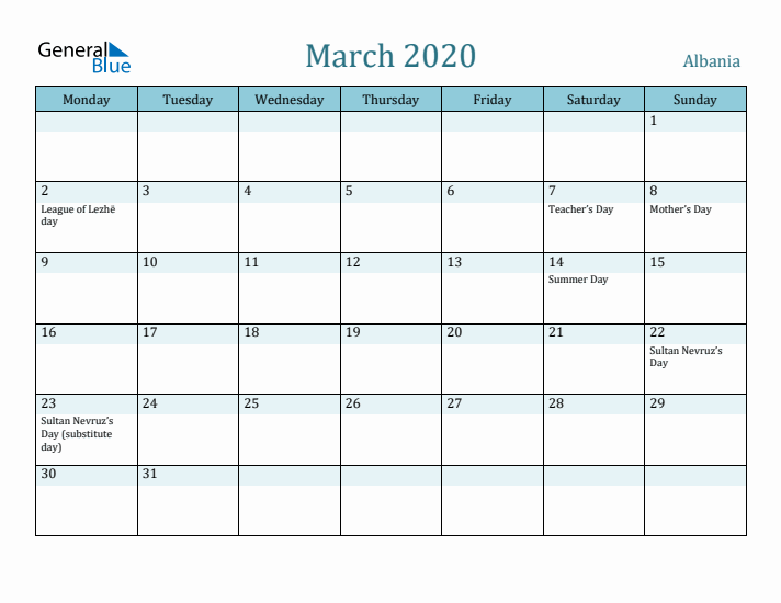 March 2020 Calendar with Holidays