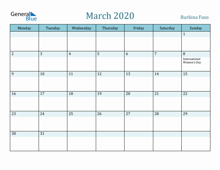 March 2020 Calendar with Holidays