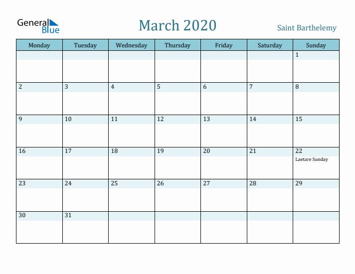 March 2020 Calendar with Holidays