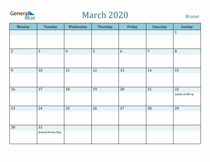 March 2020 Calendar with Holidays