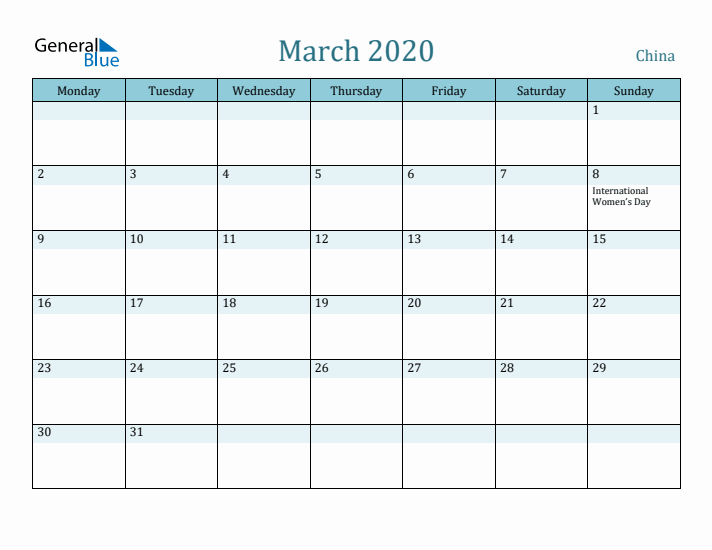 March 2020 Calendar with Holidays