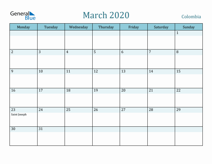 March 2020 Calendar with Holidays